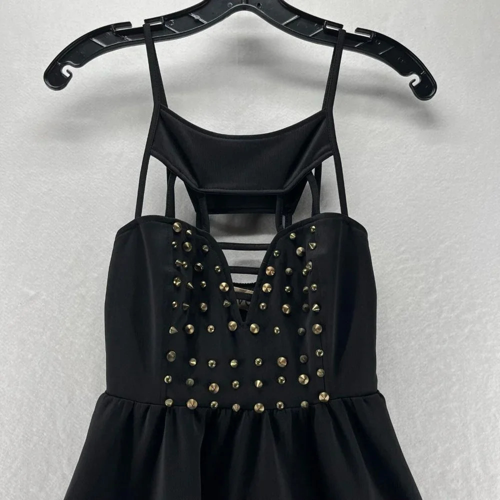 REVERSE Dress Sz Small Size A-Line Skater Mini Cage Strap Studded Stretch Black - Picture 2 of 13